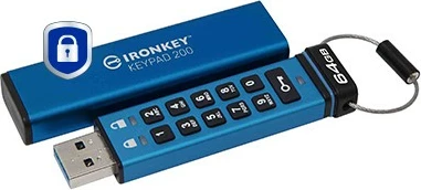 USB s ključem z vgrajeno tipkovnico 64GB, Kingston IronKey Keypad 200, moder