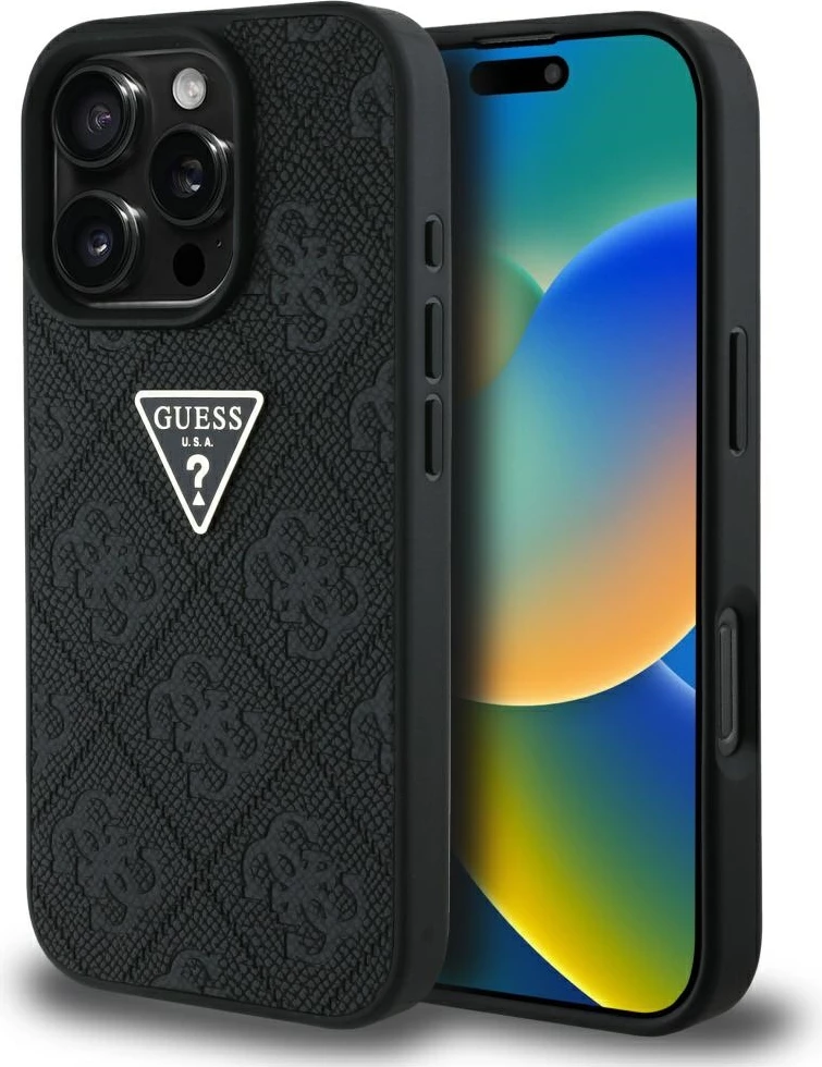 Ovitek Hot Stamp 4G z vzorcem trikotnika in metalnim logotipom Guess za iPhone 16 Pro, črn