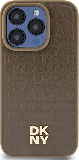 Ovitek z monogramom iz usnja, kovinski logotip, MagSafe za iPhone 15 Pro — DKNY, rjav
