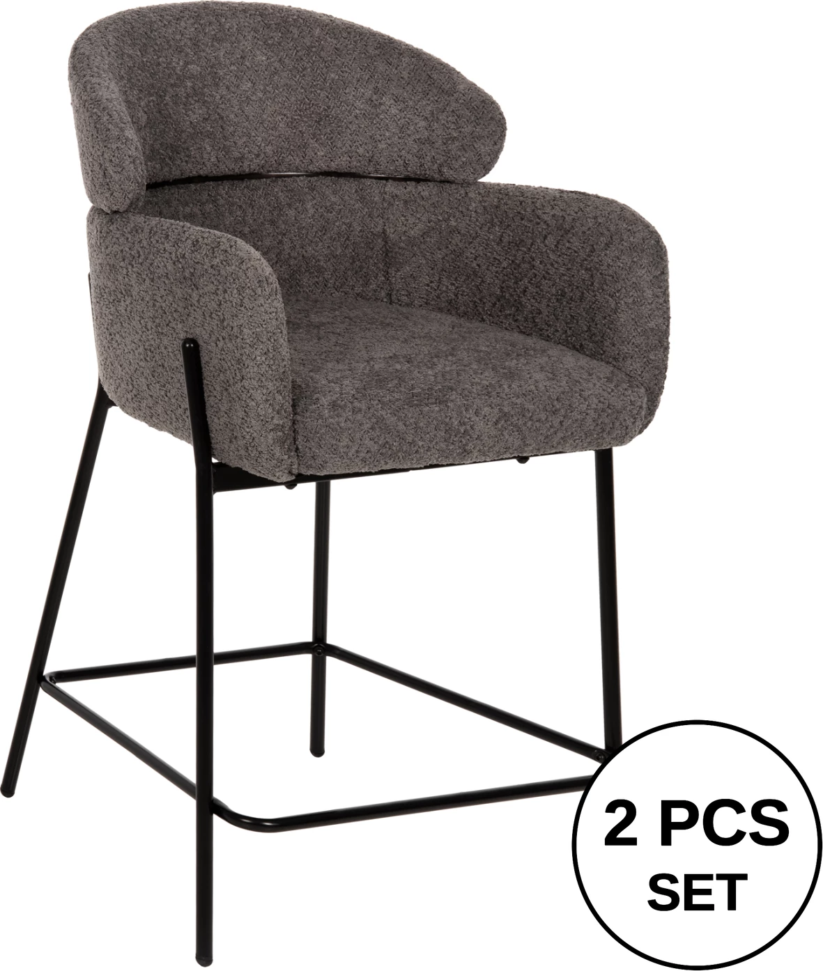 Barski stol srednje višine WOLF FH8584.01 siva boucle tkanina-črne kovinske noge 56x56x96Hcm, set 2 kosov