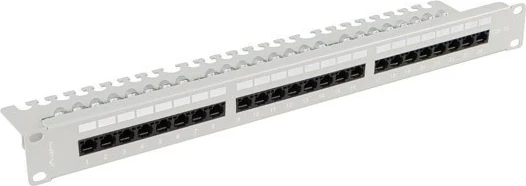 Patch panel z 24 vrati, 1U 19", kat.5E, s sivo barvo in organizatorjem kablov LANBERG