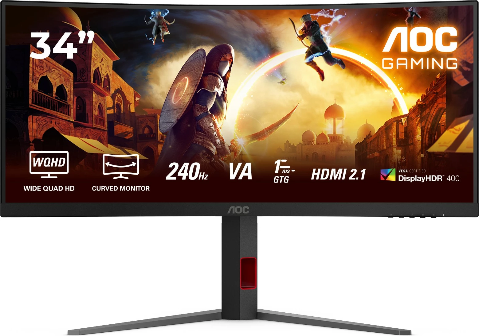 34" ukrivljen igralni monitor, AOC CU34G4Z, 3440x1440, 240 Hz, USB hub, črno/rdeč