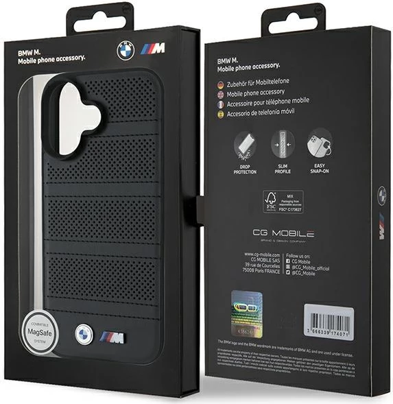 Perforiran in šivan ovitek za telefon BMW M, MagSafe, za iPhone 16, črn
