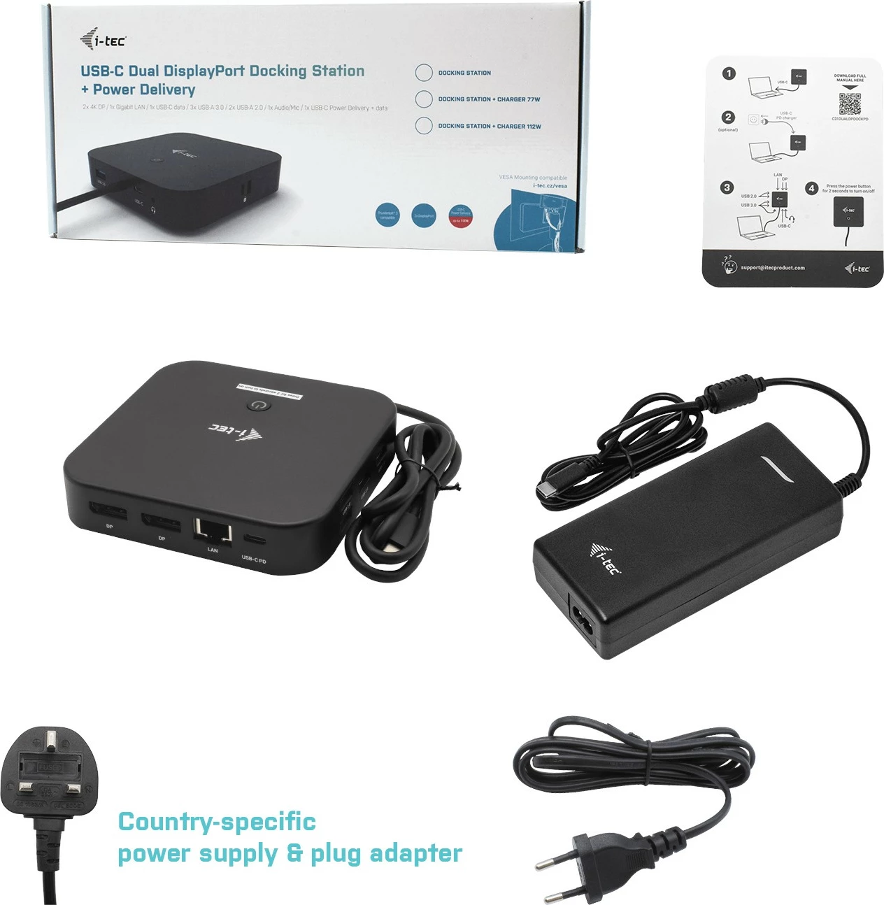 Docking postaja USB-C Dual Display, 100 W, z univerzalnim polnilcem, črna - i-tec