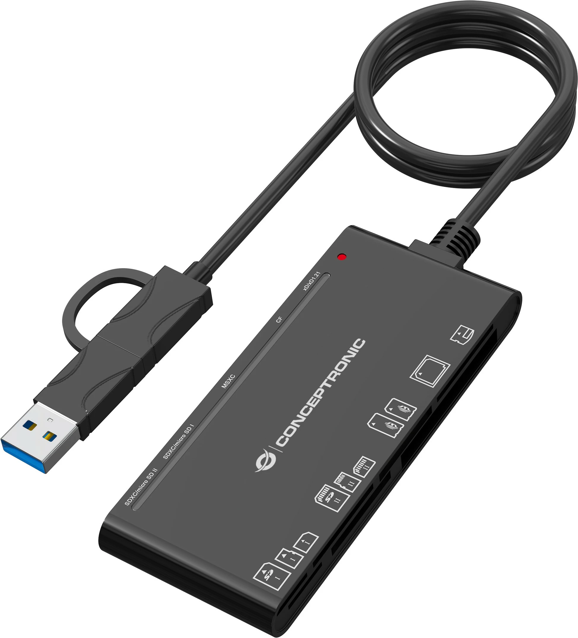 Bralnik kartic 7-v-1, USB-A/USB-C, črn Conceptronic