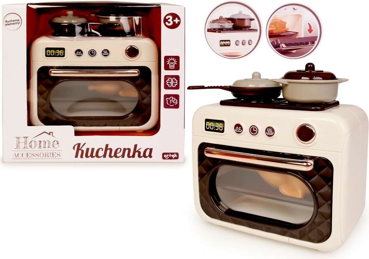 Igrača pečica z lučjo in melodijo, Artyk 180507, 12 cm, deluje na 2x AA (brez baterij), set ponev + lonec + čajnik, bež/rjava/krem