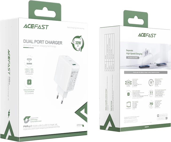 Stenski polnilec Acefast A5, 32W, USB Type-C/USB-A, bel