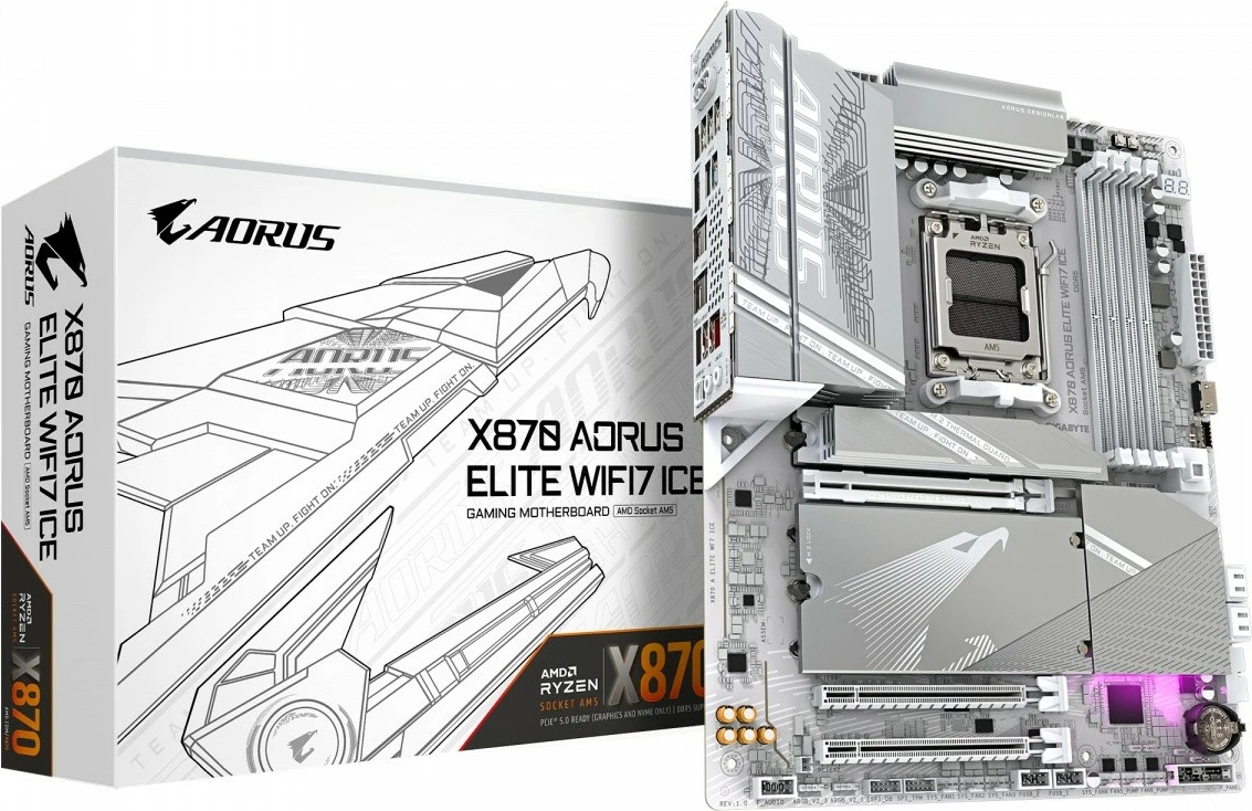Matična plošča Gigabyte X870 A ELITE WF7 ICE, podnožje AM5, DDR5, ATX, srebrna