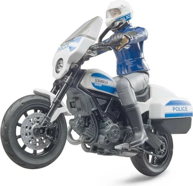 Policijski motor Scrambler Ducati z policistom, BRUDER, 1:16, bel/moder