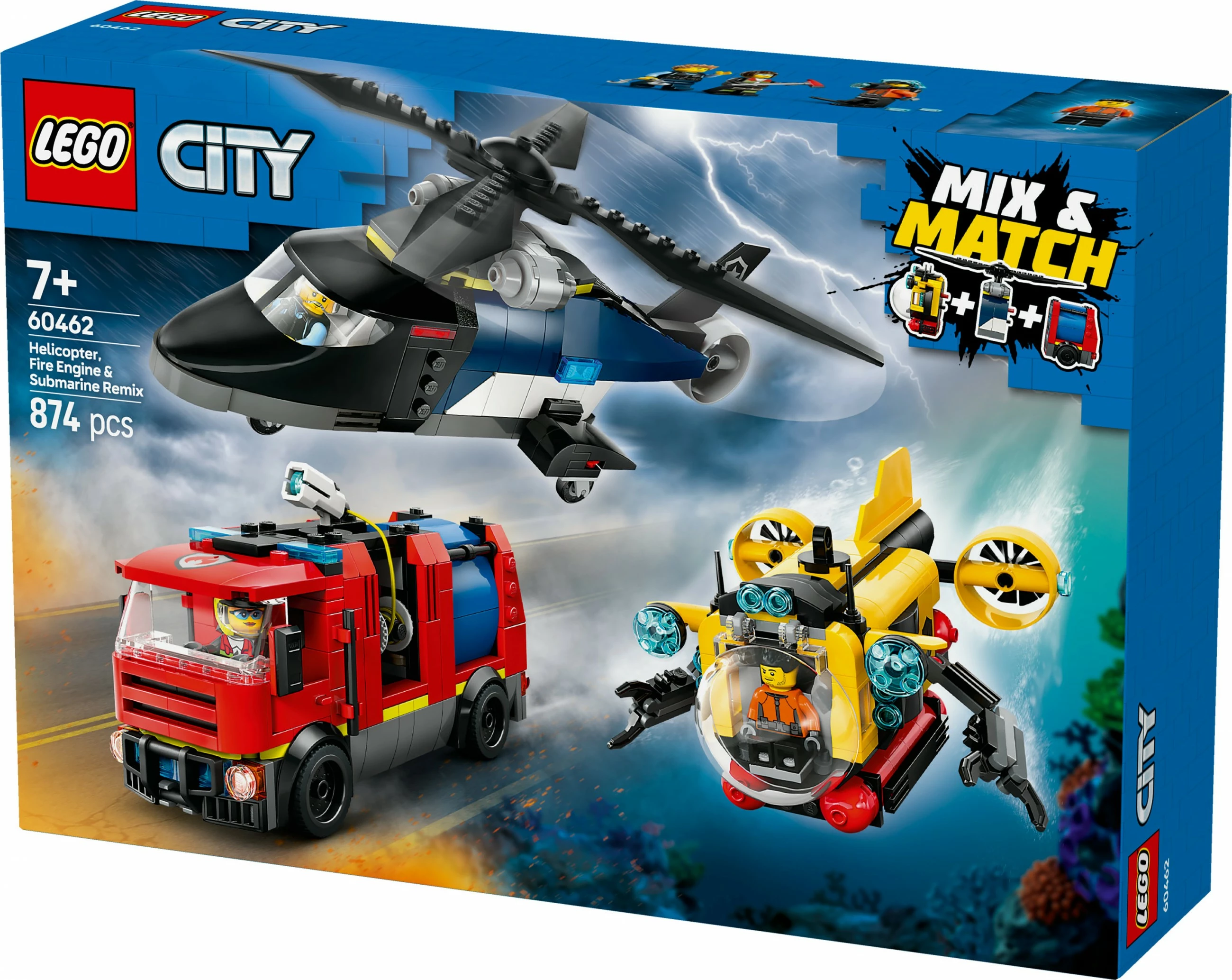 Igriv gradbeni set z 874 kosi, helikopter, gasilsko vozilo, podmornica LEGO City 60462, večbarven