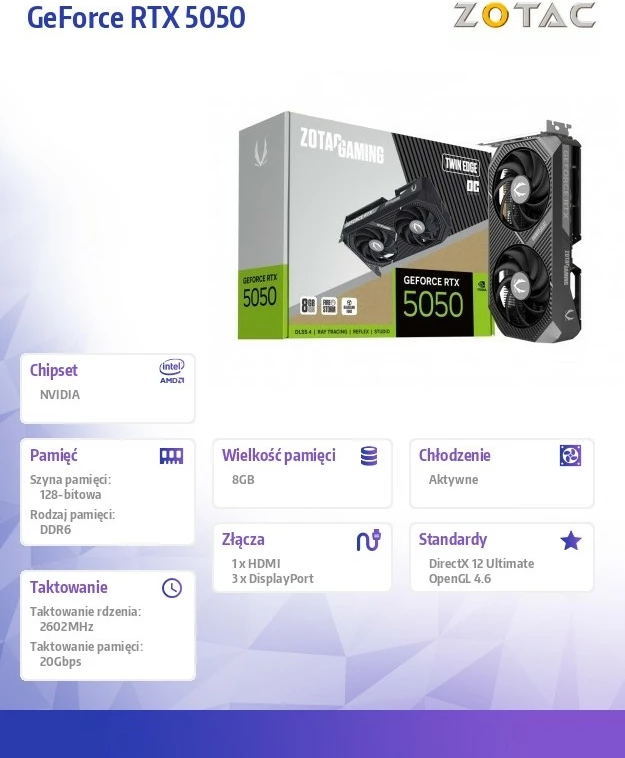 Grafična kartica ZOTAC GeForce RTX 5050 Twin Edge OC (ZT-B50500H-10M), 8 GB GDDR6 128-bit, PCIe 5.0 x8, 3x DisplayPort + HDMI