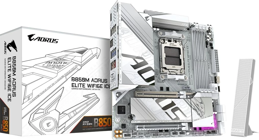 Matična plošča Gigabyte B850M AORUS ELITE WIFI6E ICE, Socket AM5, za AMD Ryzen 9000, bela