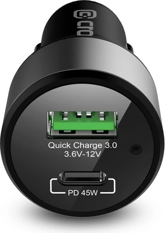 Avtomobilski polnilec CRONG CRG-PWRC-USBC63-BLK, 63W, 1x USB-C PD 45W + 1x USB-A QC 3.0 18W, črn