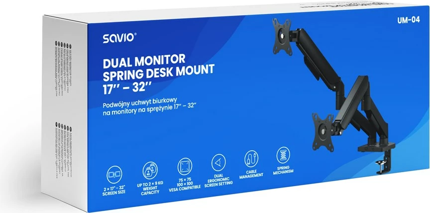 Držalo za mizo za dva monitorja, 17–32 inč, črno — SAVIO UM-04