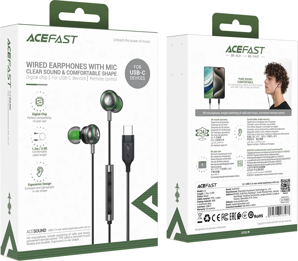 Žične slušalke Acefast L5, USB-C, 1,2 m, črne