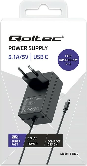 Stenski polnilec za Raspberry Pi 5, USB-C, 27 W, črn, Qoltec 51830