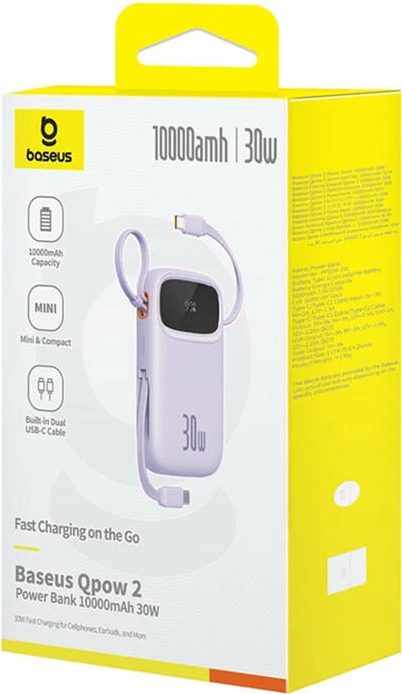Prijenosna baterija Baseus QPow 2, 10.000 mAh, 30W, 2x USB-C, vijolična
