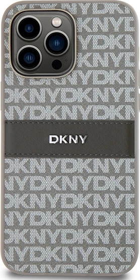 Ovitek Mono Stripe in kovinski logotip za iPhone 14 Pro, DKNY, bež
