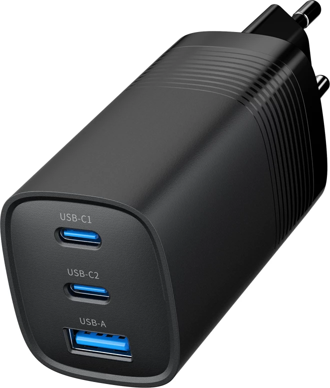 Hitri polnilec 3‑portni, 65 W, GaN, USB Power Delivery, GEMBIRD TA-UC-PDQC65-01-BK, črn