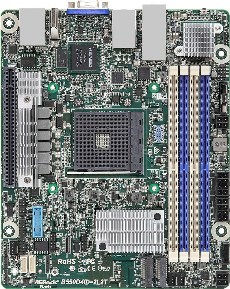 Profesionalna matična plošča ASRock B550D4ID-2L2T, mini ITX, Socket AM4, 4x LAN, za strežnike, zelena