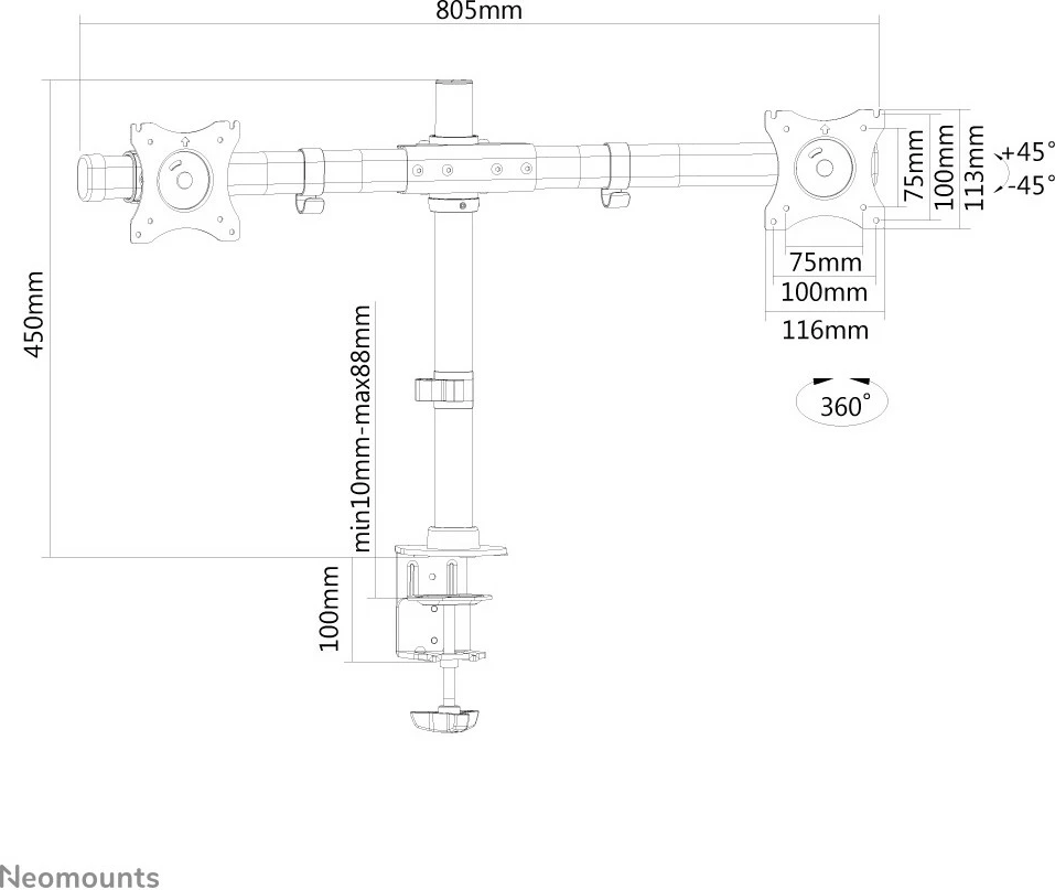 Nosilec za monitor Neomounts, Newstar FPMA-DCB100DBLACK, 10–27", črn