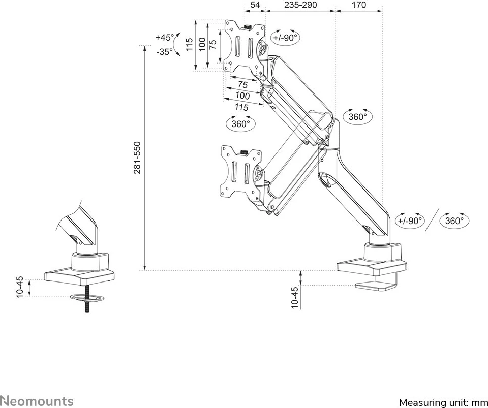 Nosilec za monitor Neomounts DS70-450WH1, plinski vzmet, Topfix, 17–42 in, 15 kg, bel