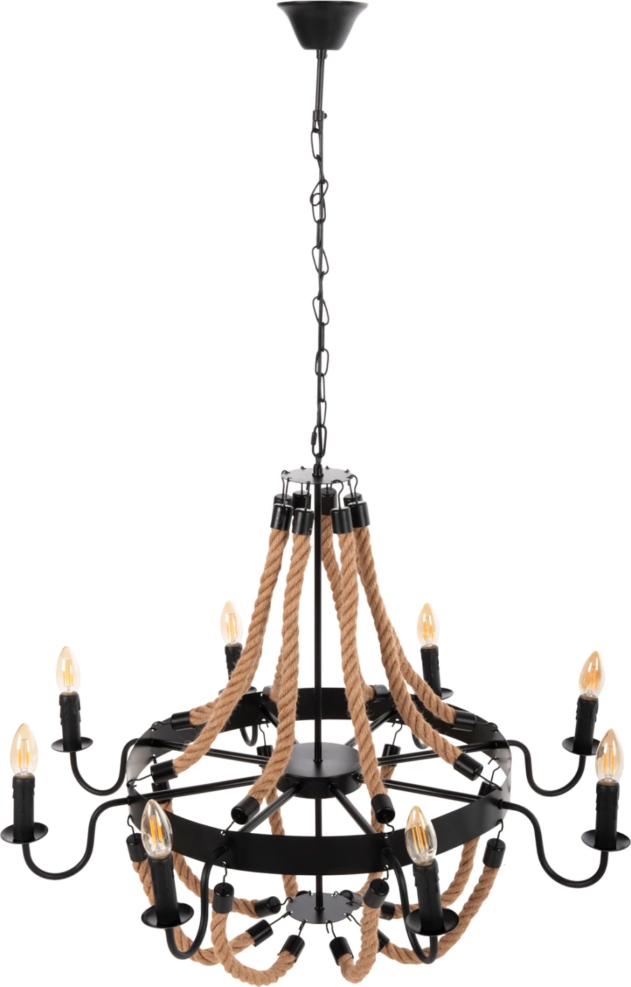 Stropna viseča svetilka z 8 lučmi FH4178 vrv in črna kovina 84x84x121Hcm