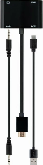 Adapter HDMI (moški na HDMI ženski + VGA ženski), z avdio in napajalnim priključkom, 15 cm, črn, Gembird A-HDMIM-HDMIFVGAF-01