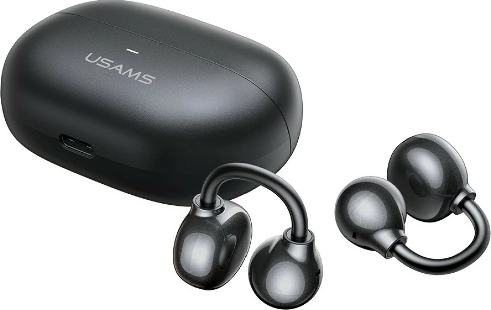 Bluetooth slušalke z zaskočnim ušesnim nosilcem, USAMS Echo R02, Bluetooth 5.3, vgrajen mikrofon, polnilna škatla 300 mAh, siva