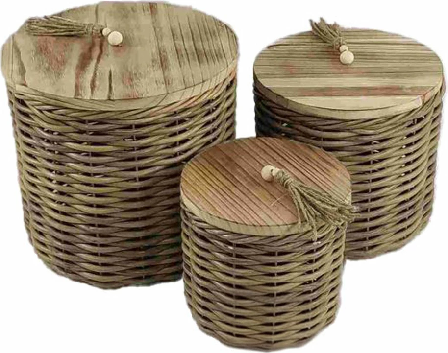 Set škatel za shranjevanje KEGAN, 3 kosi, les in ratan, 32x32x30 cm, rjava