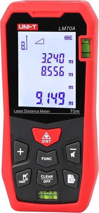 Merilnik razdalje z laserjem UNI-T LM70A, 70 m, natančnost ±2 mm, 2-palčni zaslon, s transportno torbico