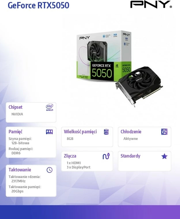 Grafična kartica PNY GeForce RTX 5050 VCG50508SFXPB1, 8GB GDDR6, 128-bit, PCIe 5.0 x8, 1 ventilator