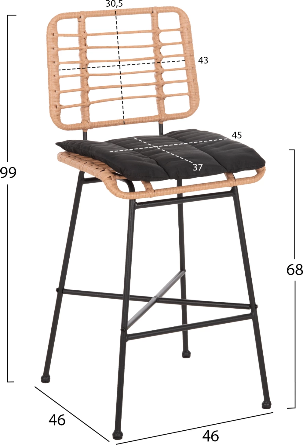 Barski stol srednje višine Allegra FH5709.11 kovina in blazina črno-pleteno bež 46x46x99H cm