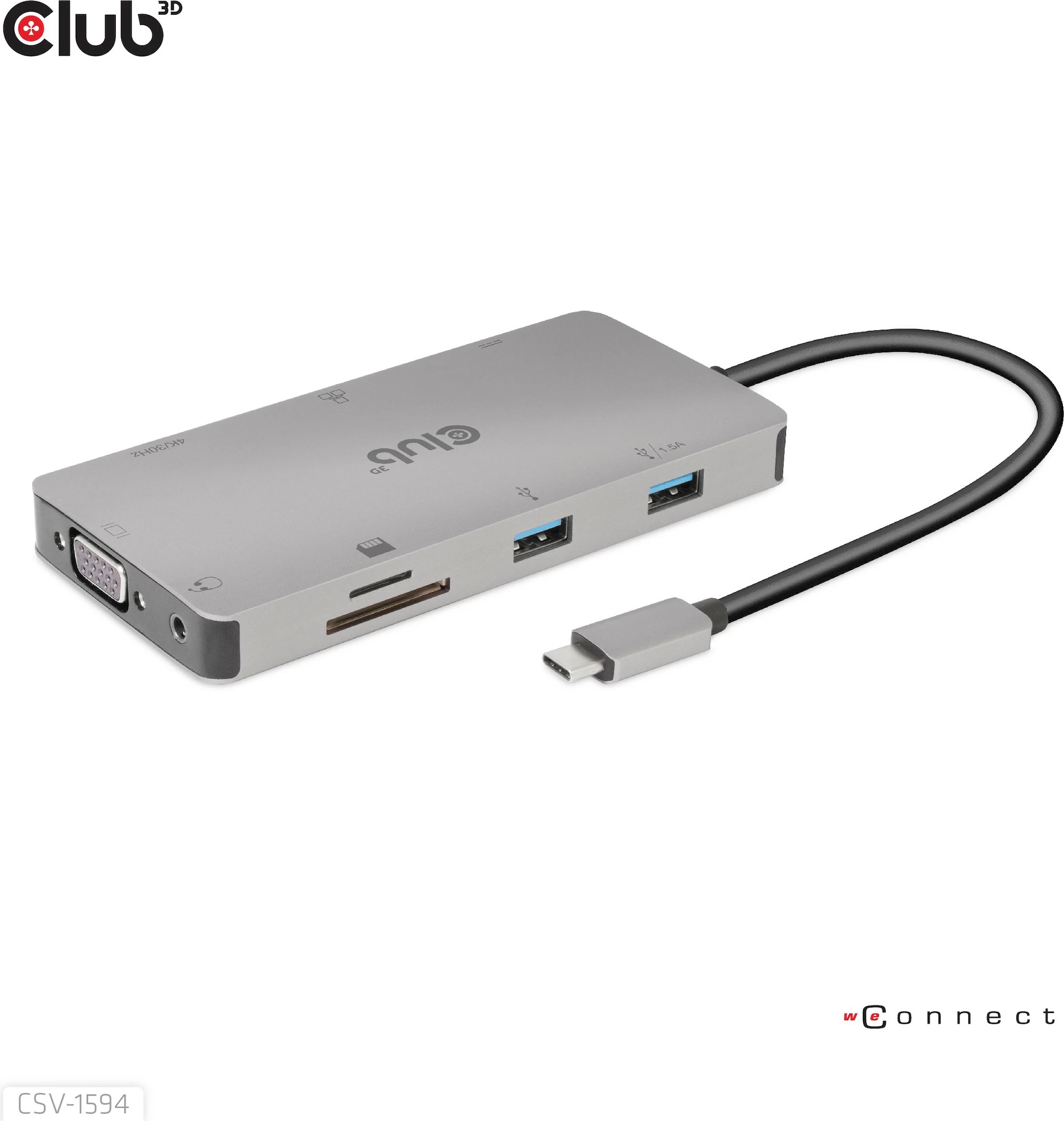 USB-C HUB 9in1 z HDMI, VGA, 2×USB, RJ45, SD — Club3D, 100W, črno/siv