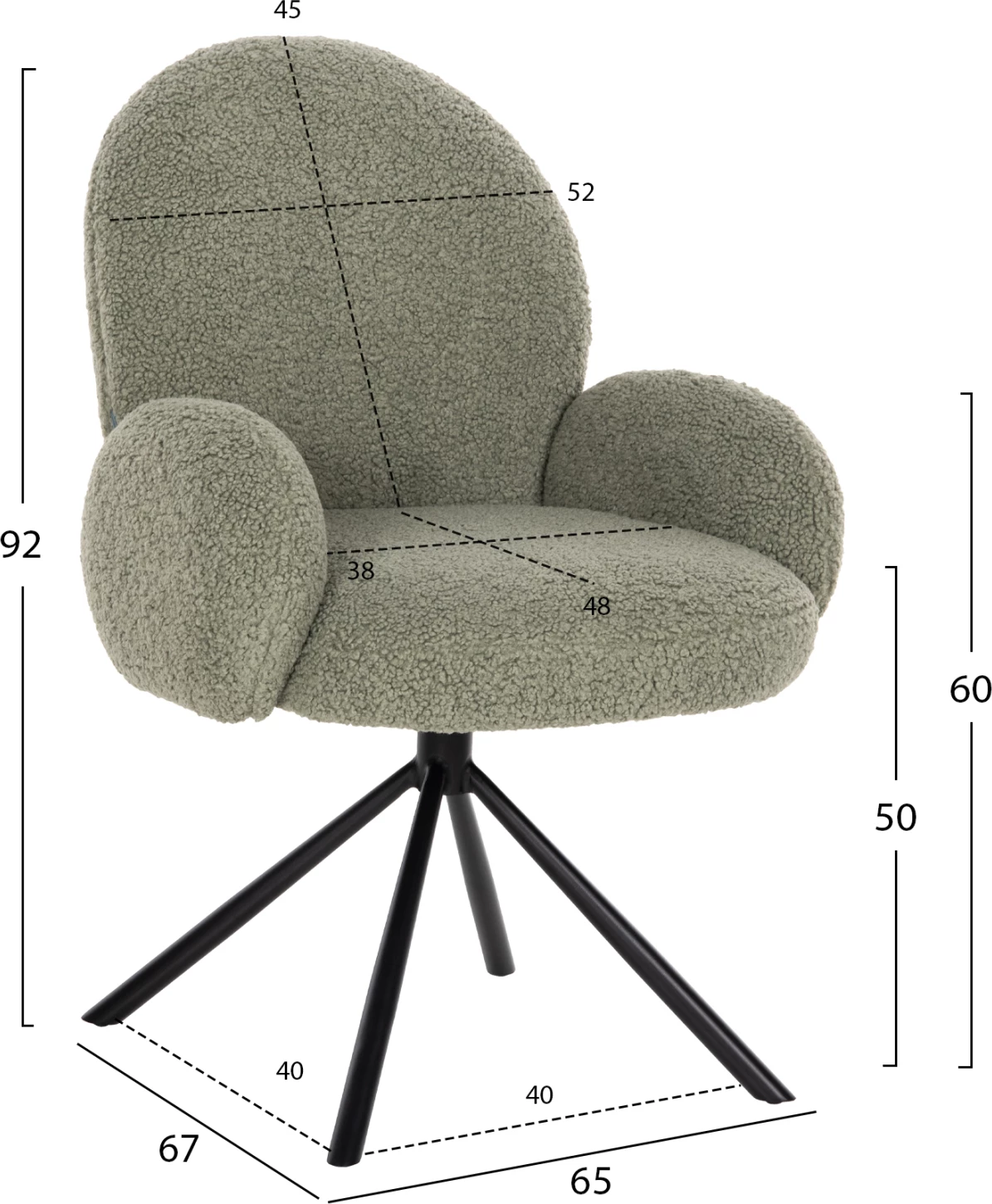 Vrtljiv naslanjač WINON FH9778.08 v olivno zeleni barvi iz boucle tkanine - črna kovinska osnova 65x67x92H cm