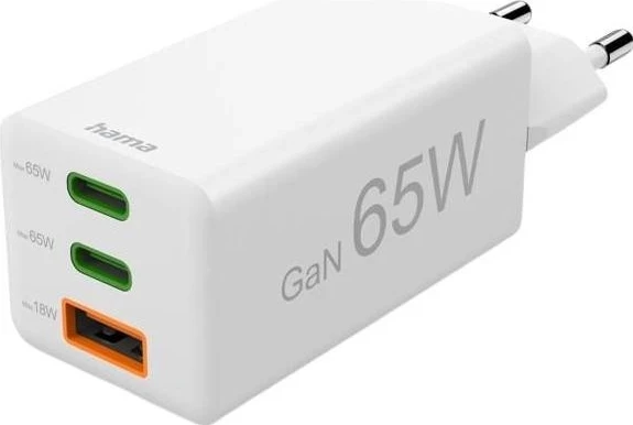 Mini GaN polnilec 65W, Hama, 2x USB-C, 1x USB-A, bel