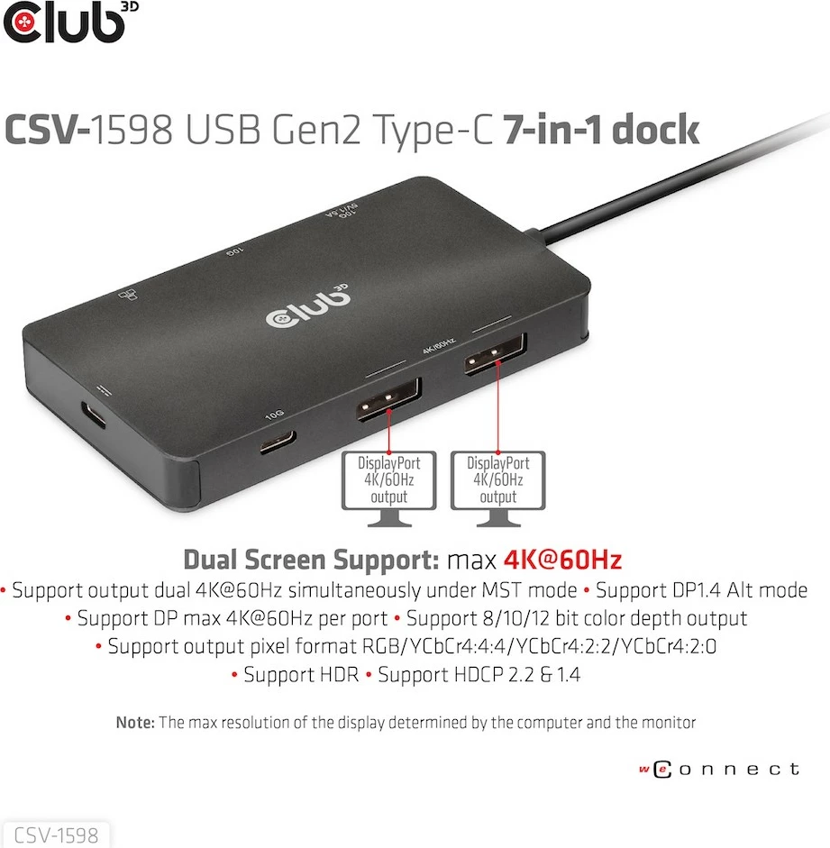 USB-C razdelilec Club3D CSV-1598, 7 vhodov, 2×DisplayPort, 2×USB-A, 2×USB-C, LAN, 4K60Hz, črn