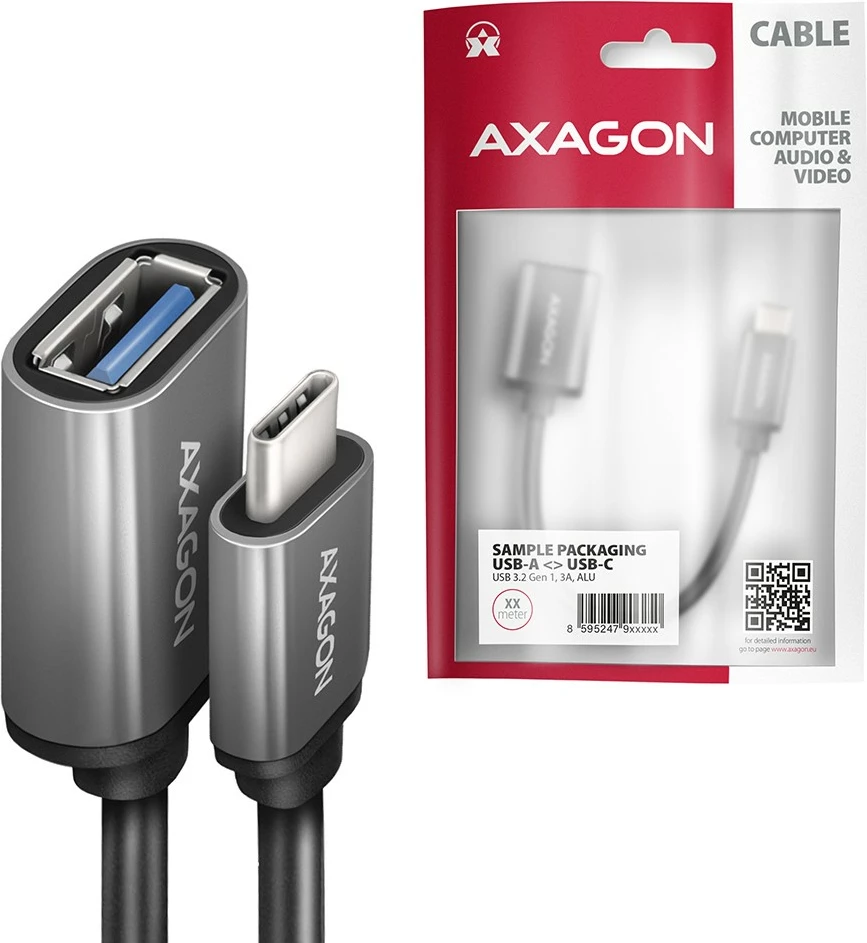 Adapter USB-C v USB-A, kabel 0,2 m, 3 A, siv, AXAGON RUCM-AFAC