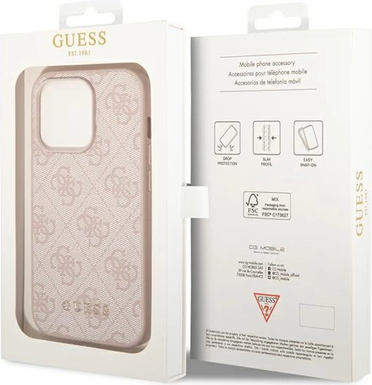 Ovitek za telefon za iPhone 14 Pro Max 6,7", trdo ohišje, umetno usnje, roza, Guess GUHCP14XG4GFPI