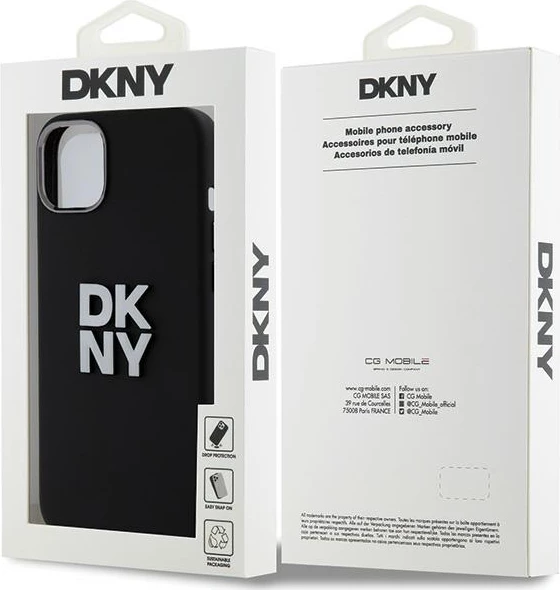 Ovitek za telefon iz tekočega silikona z metalnim logotipom za iPhone 15 Plus / 14 Plus, DKNY, črn