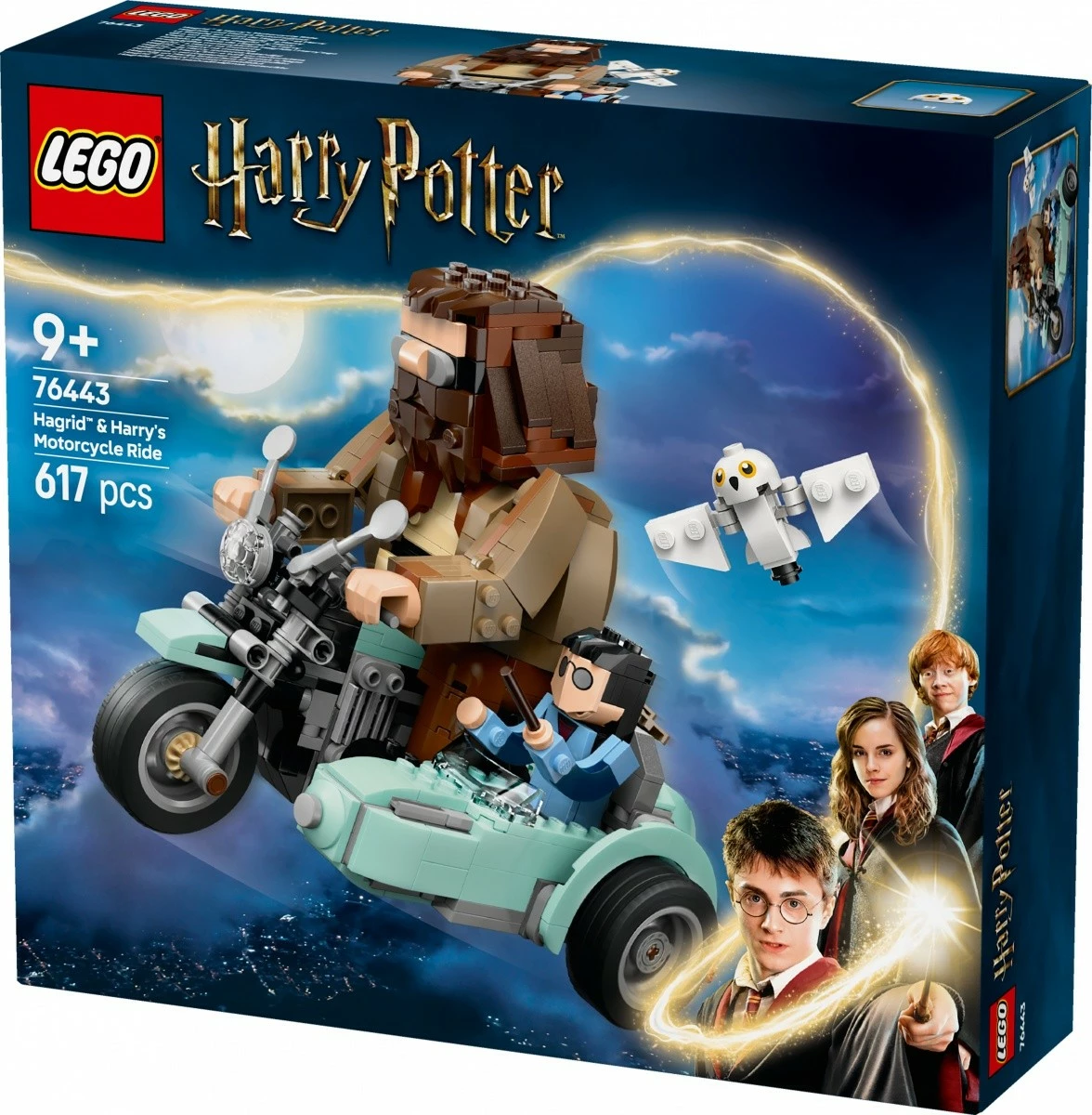 Motočiklet z bočnim vozilom Hagrid & Harry, set LEGO Harry Potter 76443, 617 kosov, plastika