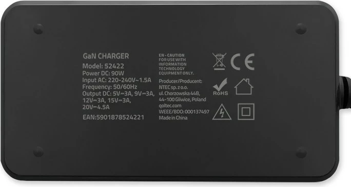 Stenski hitri polnilec 90W GaN, USB-C 3.1, s kablom, črn, Qoltec 52422