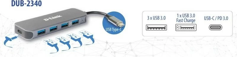 USB hub, 4x USB 3.0, 1x USB-C, 60W, D-Link DUB-2340, siv