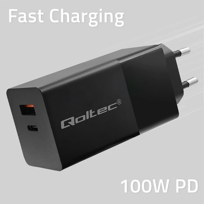 Polnilnik GaN POWER PRO Qoltec, 1x USB Type-C, 1x USB Type-A, 100 W, črn