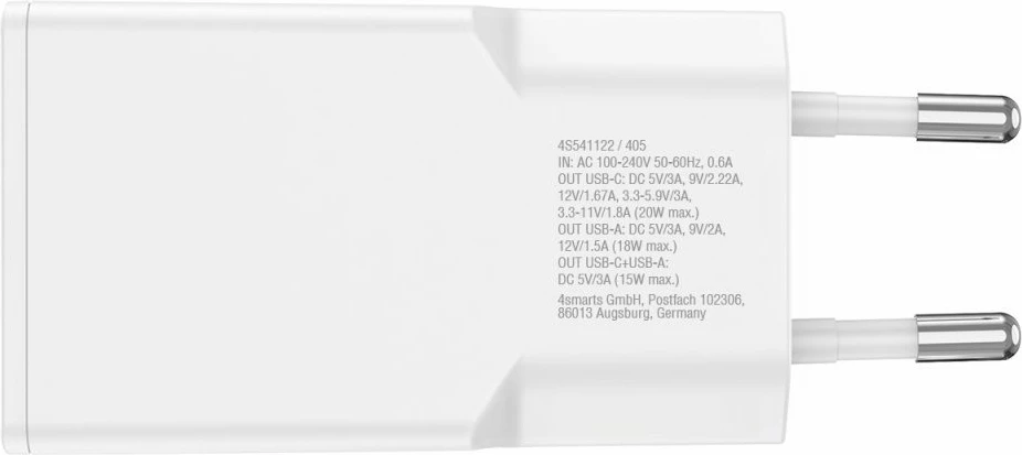 Hitri polnilec 4smarts 541122, 20 W, GaN, USB-C in USB-A, bel