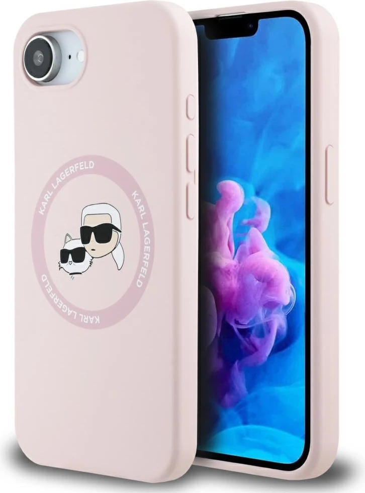 Ovitek za telefon iz silikona z motivom Karl & Choupette, MagSafe, roza — Karl Lagerfeld za iPhone 16e