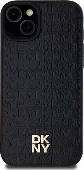 Zaščitni ovitek z monogram vzorcem DKNY, kovinski logotip, MagSafe za iPhone 15 Plus / 14 Plus, črn