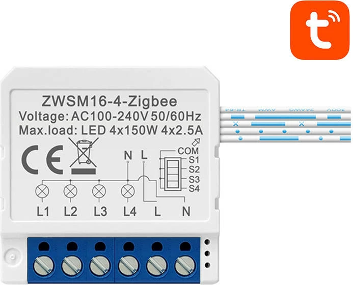 Pametni 4-kanalni stikalni modul, ZigBee, bel, Avatto ZWSM16-W4