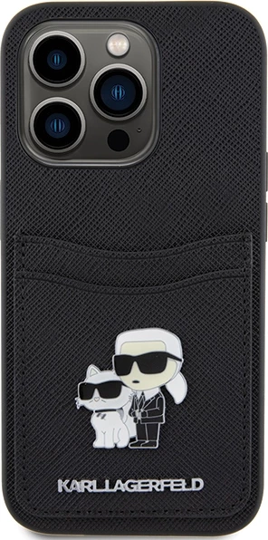 Ovitek z režo za kartice Karl Lagerfeld Saffiano, Karl&Choupette kovinska značka za iPhone 15 Pro, črn