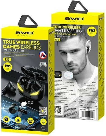 Brezžične slušalke za gaming s polnilno postajo, AWEI T35 TWS, Bluetooth 5.0, črne